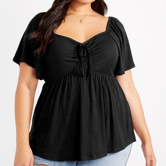 Black Plus Size Ruched Front Babydoll Top - Picture 2 of 16